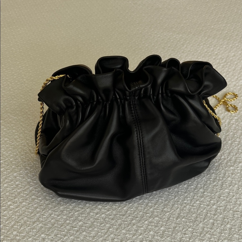 Loeffler Randall Black Leather Clutch with Gold Chain